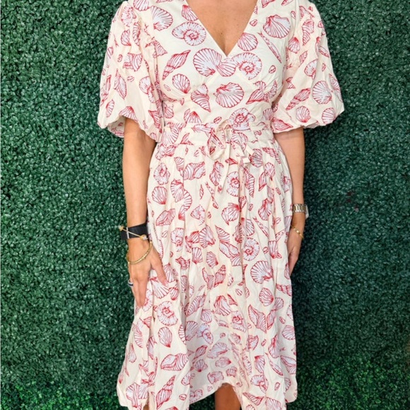 Dresses & Skirts - Cream Midi Dress with Red Shell Motif and Tie Waist